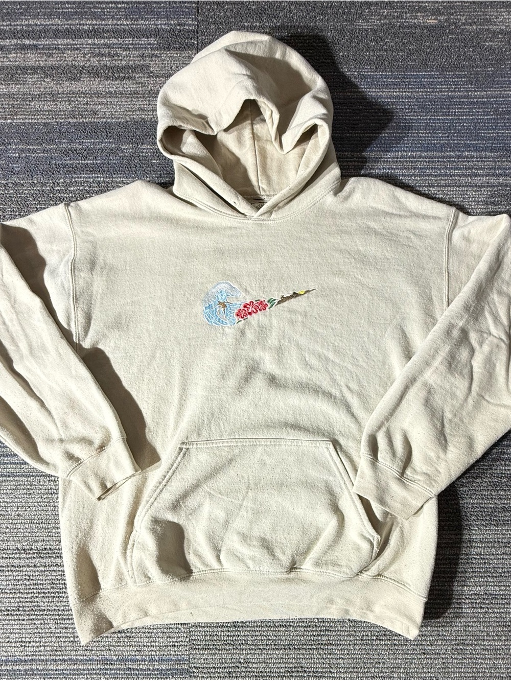 Women's Cream Hoodie Sweatshirt with Floral Embroidery